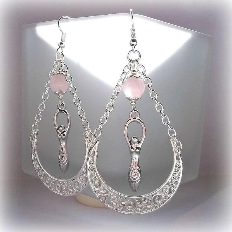 

Dangle & Chandelier Rose Quartz Silver Goddess Earrings Moon Pagan