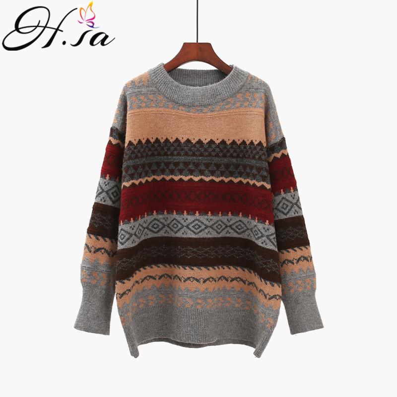 

h.sa 2021 winter women sweater pullover knit jumpers loose striped pull jumpers korean style knitwear casual argyle sweater, Black