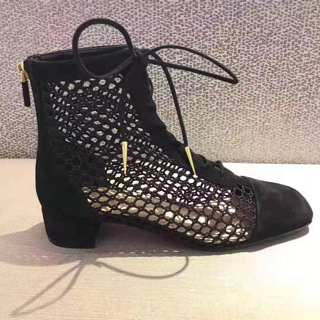 

Women Mesh Ankle Boots Pointed Toes Designer Lady Strap Buckle Rear Zipper Star Rubber Sole Flat Heel Boot, Black