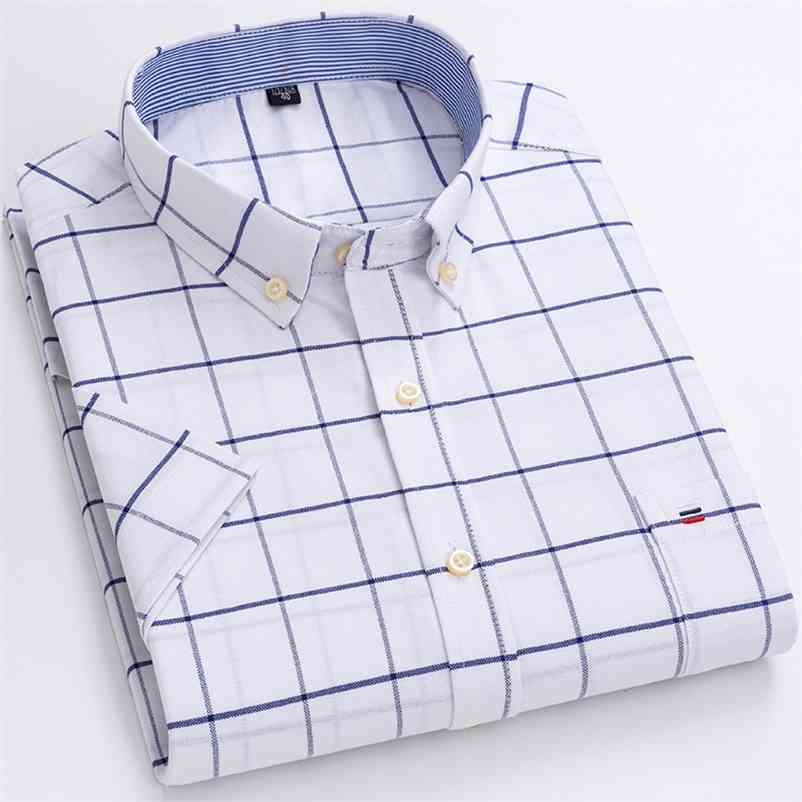 

Men's Summer Casual Short Sleeve 100% Cotton Thin Oxford Shirt Single Patch Pocket Standard-fit Button-down Plaid Striped Shirts 210708, D513