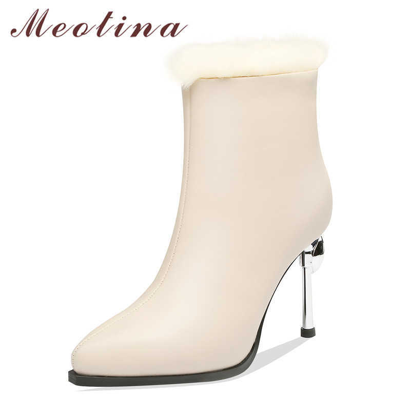 

Meotina Real Leather Super High Heel Short Boots Women Shoes Pointed Toe Stiletto Heels Zipper Wool Fur Ankle Boots Winter Beige 210608