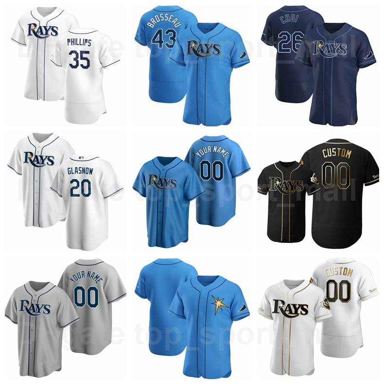 

Baseball 35 Brett Phillips Jersey 43 Michael Brosseau 26 Ji-Man Choi 20 Tyler Glasnow 48 Ryan Yarbrough Navy Blue White Grey Black Team, Kids