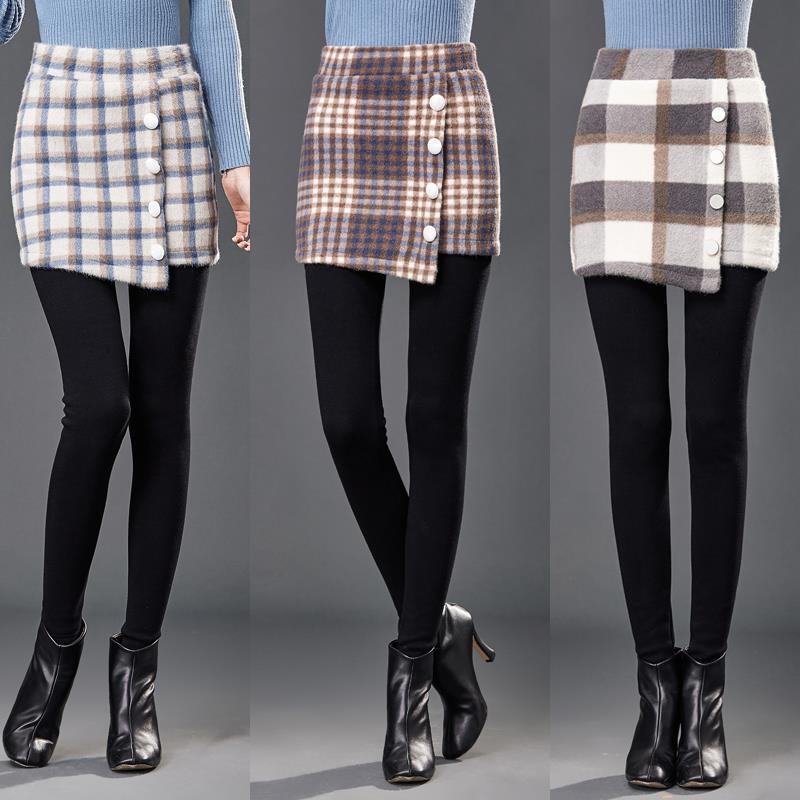 

2021 New Female Woolen Skirt Fake Stretch of Two Hip-wrapped Pieces Contoured Veet Leggings Women's High-waisted Thermal Pants Olm9