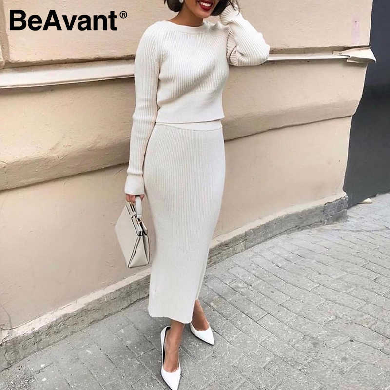 BeAvant Elegant stripe two piece dress White round neck knit dress High waist street style Autumn winter dress two piece set 210709