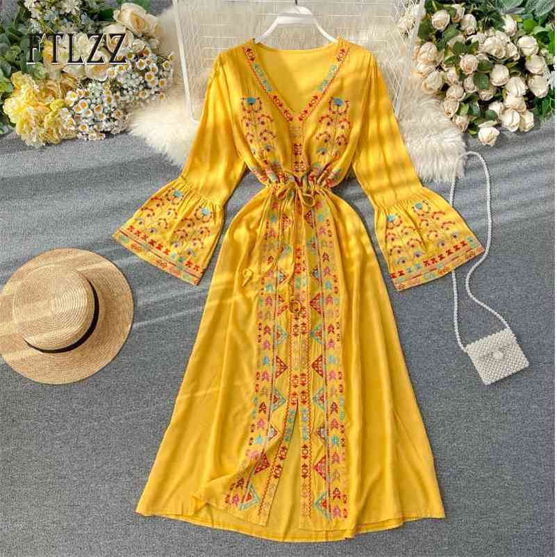 

Vintage Embroidery Dres Slim V-neck Badycon Dresses Spring Fashion Ladies Beach Bohemia Long Robe Vestidos Mujer 210602