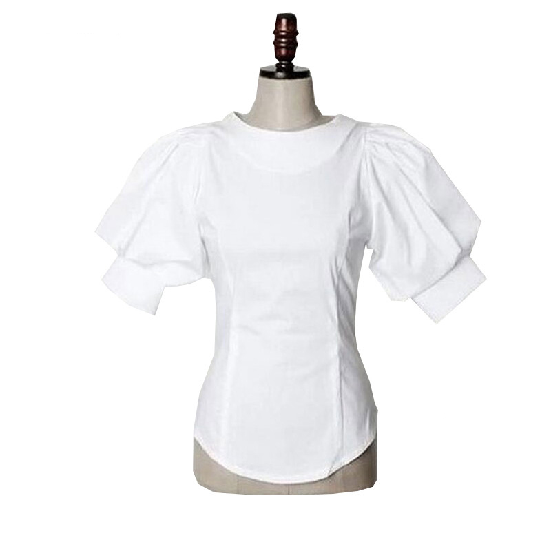 

Sherhure 2021 Short Breath Flashlight Sleeve Chic White Tops for the Women Button Skinny Female Blouse Cotton Shirt 040k