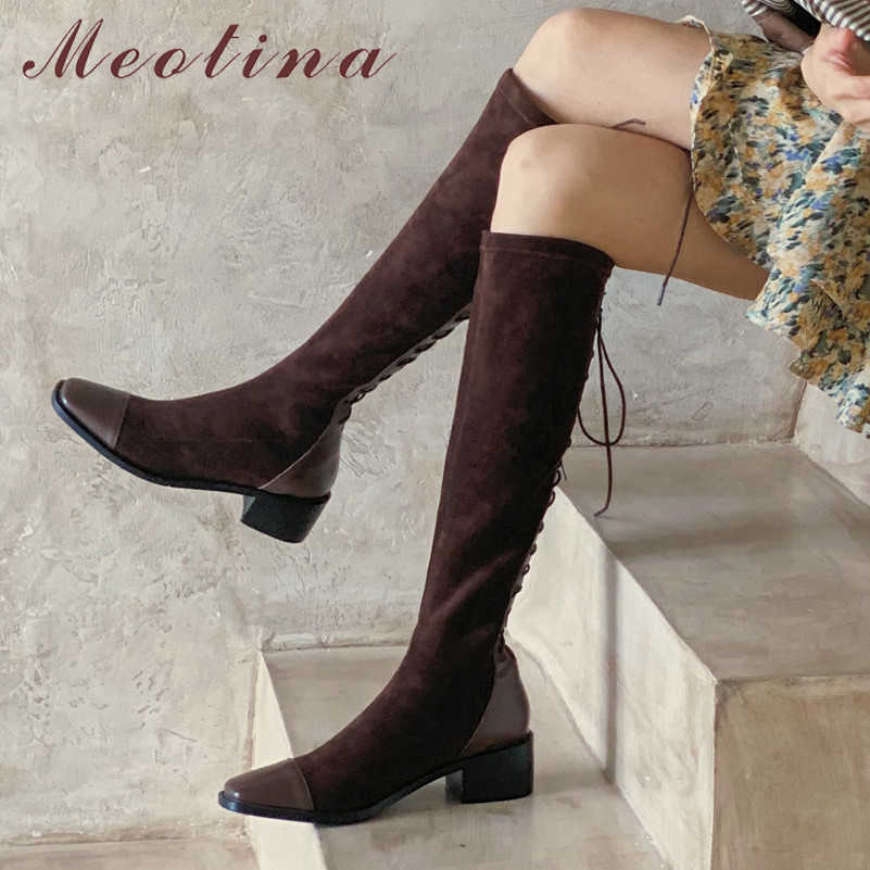 

Meotina Genuine Leather Mid Heel Stretch Long Boots Women Shoes Square Toe Thick Heels Lace Up Knee High Boots Autumn Winter 40 210608, Black velvet lining