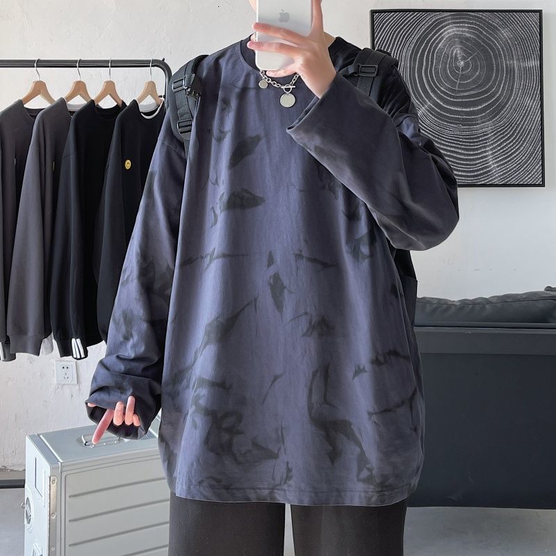

2021 New Spring Tie-dye T-shirt Men's Fashion Retro Casual O-neck t Shirt Men Streetwear Long-sleeved Tshirt Mens Tops -2xl 42ii, Black