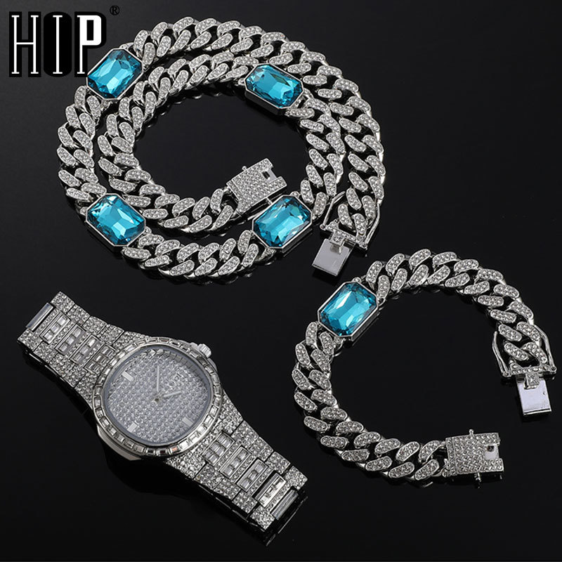 

Hip Hop 12MM 3PCS KIT Watch+Square Necklace+Bracelet Bling Crystal AAA+ Iced Out Cuban Rhinestones Chains For Men Jewelry X0509