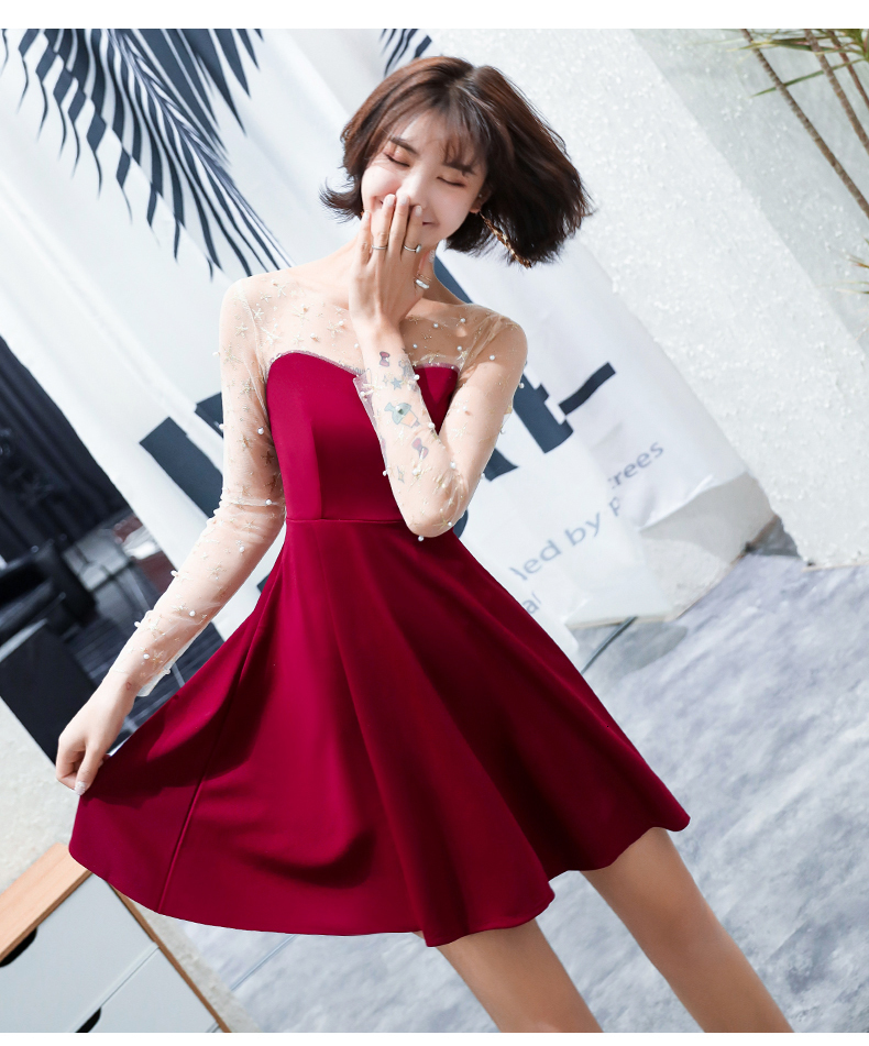 

2021 New Cheap Women Burgundy Short Es Sexy Illusion Prom Long Sleeves Beads Evening Party Gown Robe De Soriee Uhz9