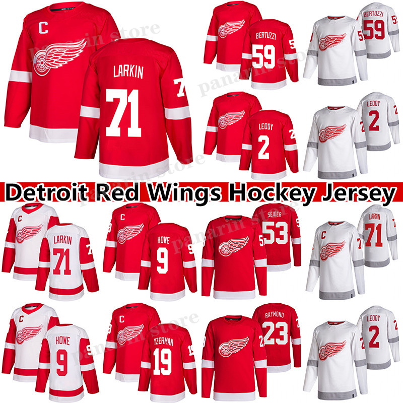 

Detroit Red Wings Jersey 71 Dylan Larkin 53 Moritz Seider 59 Tyler Bertuzzi 2 Nick Leddy 23 Lucas Raymond 19 Steve Yzerman 9 Gordie Howe hockey jerseys, White