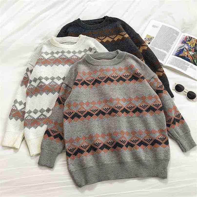 

Women Vintage Geometry Sweater Autumn Winter Long Sleeved Loose Oversize Pullover Sweaters Woman Korean Knitted Jumper Tops 210525, Creamy-white
