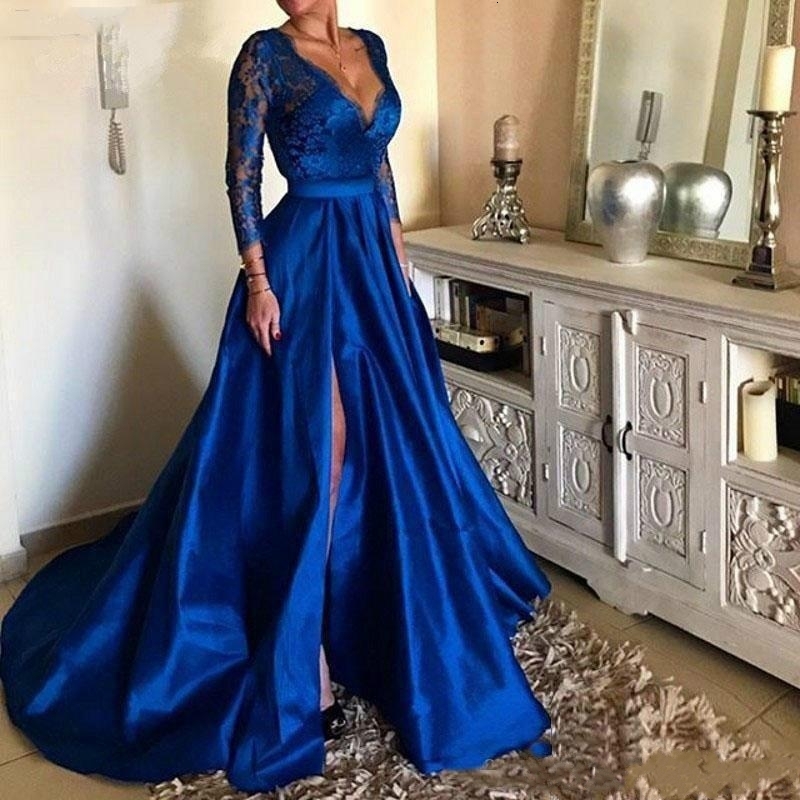 

2021 New Royal Blue V-neck Lace Prom Es High Split Long Sleeves Satin Evening Gowns Plus Size Vestidos De Festa 3iw8