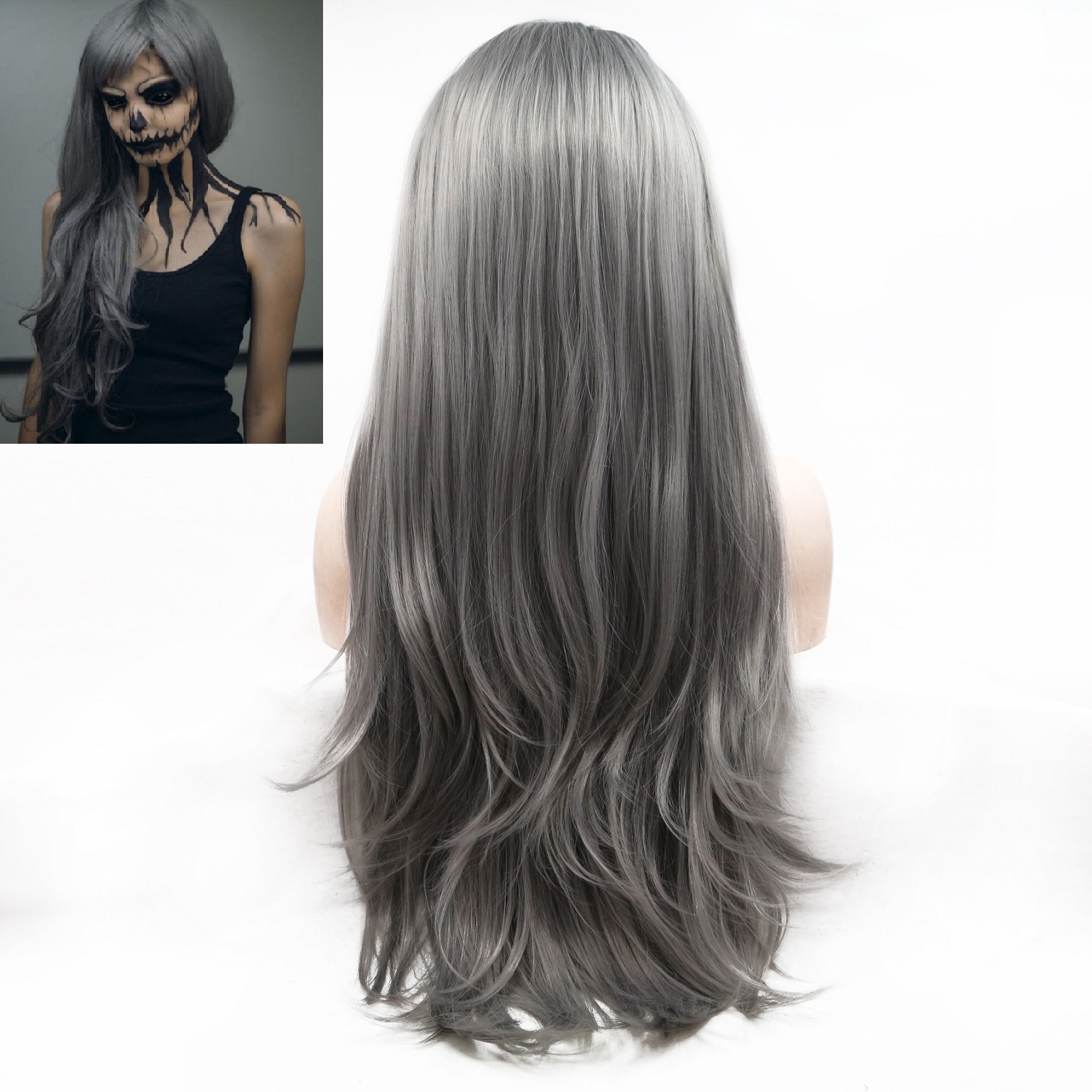

2021 fashion trend matte wig European and American temperament ladies long straight black gray chemical fiber wig cover high-end material, Mix color