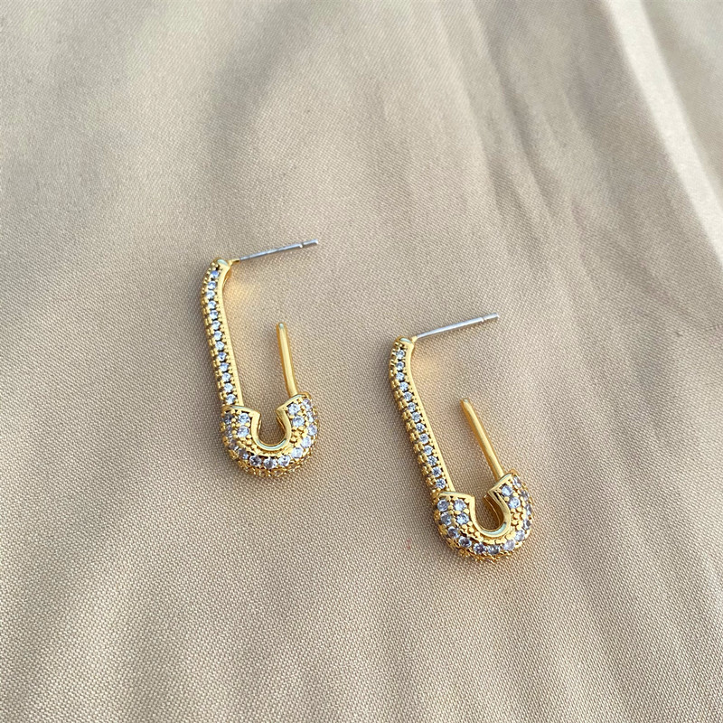 2021 trend light luxury Charm fashion texture ladies gold shiny inlaid diamond J-shaped jewelry earrings party gift-image-702163904