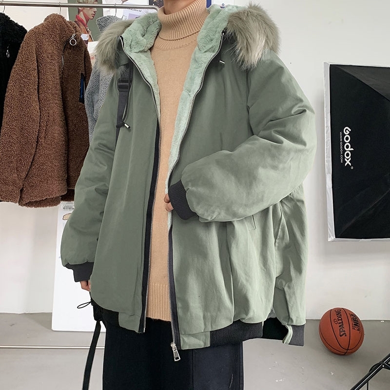 

2021 New Winter Thicken Plus Fleece Jacket Men's Warm Fashion Casual Fur Collar Hooded Men Loose Korean Short Coat Mens Clothes Wb0x, Green