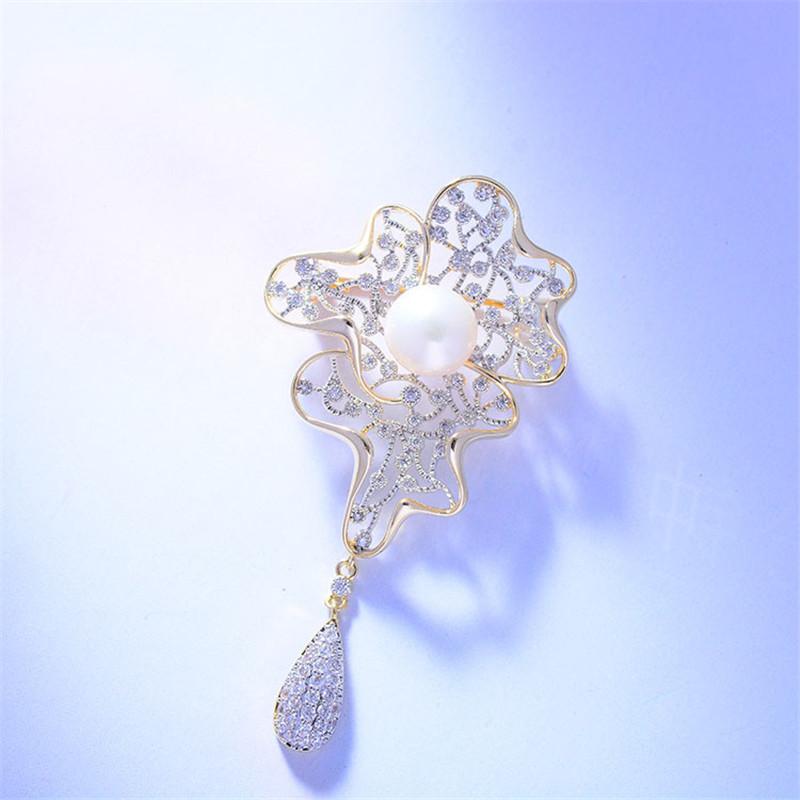 

Pins, Brooches OKILY Elegant Zircon Flower For Women Natuarl Pearl Hollow Lotus Leaf Brooch Pin Fashion Jewelry Accessories, Gray