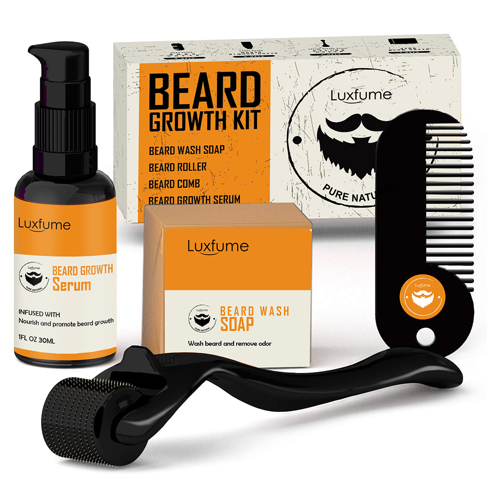 4 pieces Men Beard Growth Kit Hair Growth Enhancer Essence Oil Nourishing Balm Conditioner with Comb Roller Facial CareScouts-image-731347565