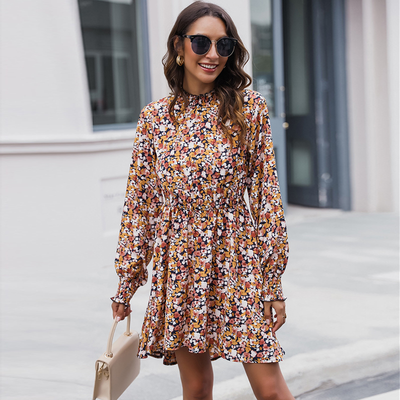 

2021 New Women Autumn Floral Print Mini Winter Fashion Vintage Casual Round Neck Long Sleeve Slim A-line Es Party Vestidos 51yq, Wd609pc