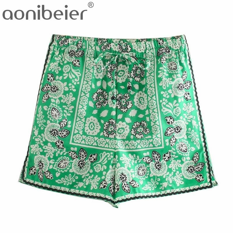 

Green Loose Shorts Summer Fashion Drawstring Elastic High Waist Women Printed Casual Holiday Beach Wear 210604