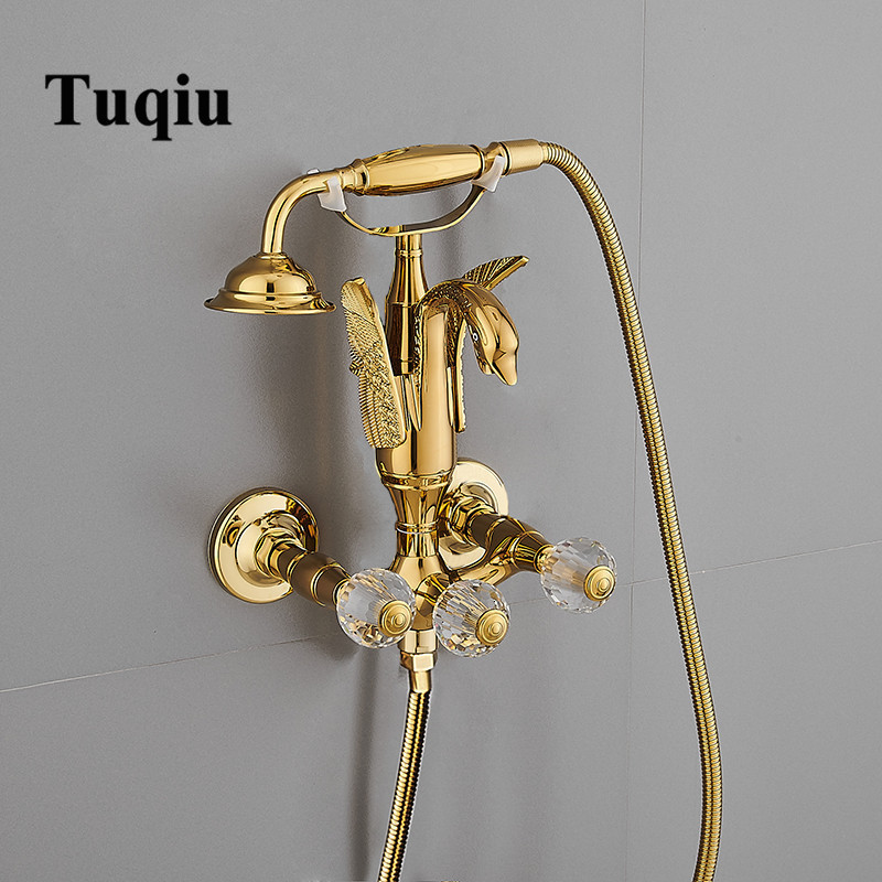 

2021 New Faucet Set Wall Mounted Gold Swan Bathtub Faucet, Bathroom Cold Hot Bath and Shower Mixer Tap Brass De0g