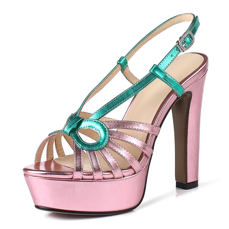 

ENMAYER Summer Shoes Mixed Colors Platform Thick Heel Party Shoes Sexy Buckle Super High Heel Women Sandals, Silver