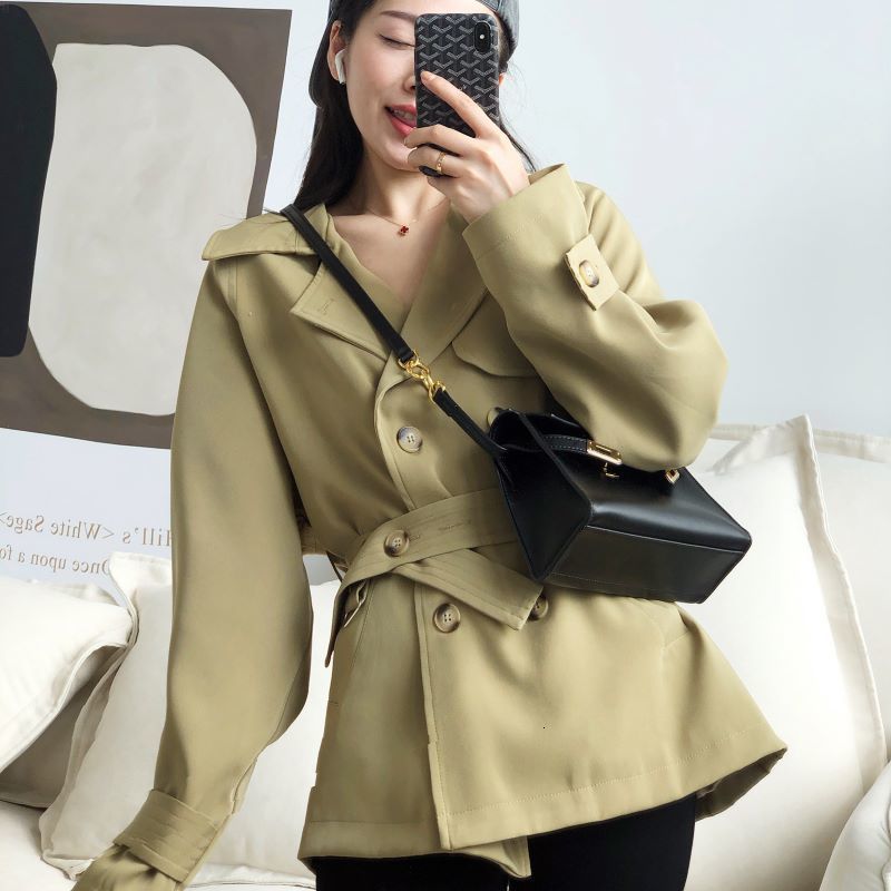 

2021 Spring Autumn Women Jacket New Windbreaker Long Coat Casual Double Braised Fitted Trench Korean Belted Ladies Outwear Vy4k, Khaki