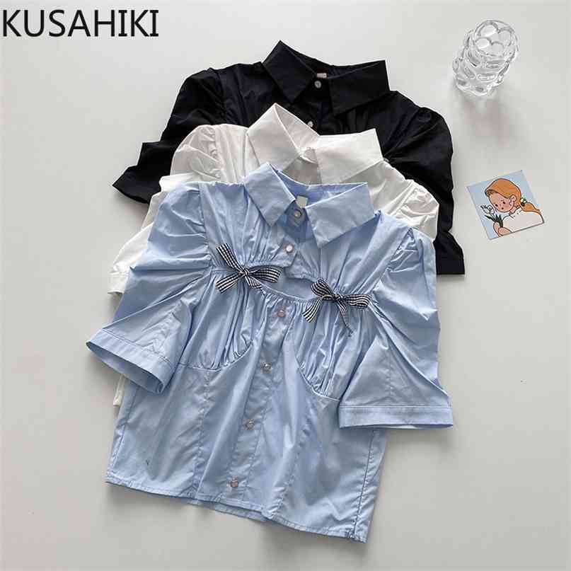 

Blouses Women Summer Tops Korean Folds Hollow-out Bowknot Shirt Causal Puff Sleeve Elegant Blusas Mujer 6J149 210603, Blue