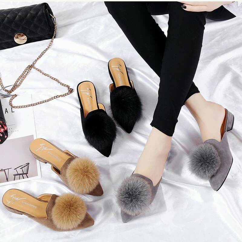 

Fashion women's ladies flat slippers Muller slippers POM POM fur shoes, Grey