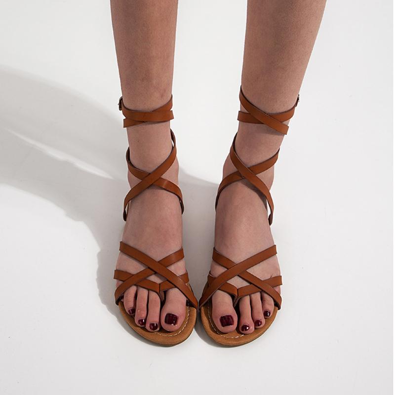 

Womens Vintage Shoes Ankle Strap Bandage Fashion Ladies Flats Sandals Breathable Open Toe Buckle Strap Females Roman Sandals#G7, Brown