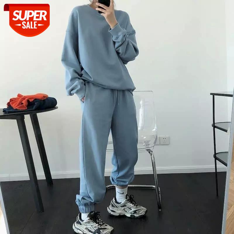 

New Autumn Apring Two Pieces Suit Women Preppy Style Loose Long Sleeves Normcore Minimalist Velvet Hoodies And Pants Women Sets #pE5v, Black;white