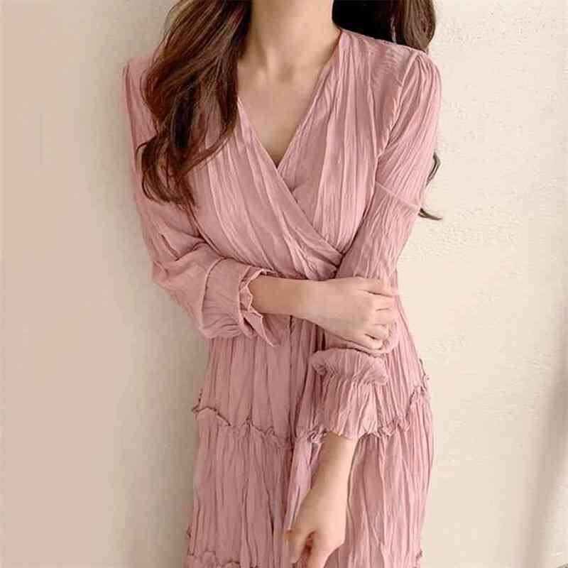 

Korean chic gentle pleated wooden ears loose and slim long-sleeved dress horn sleeve little freshness office for women dresses 210602, White