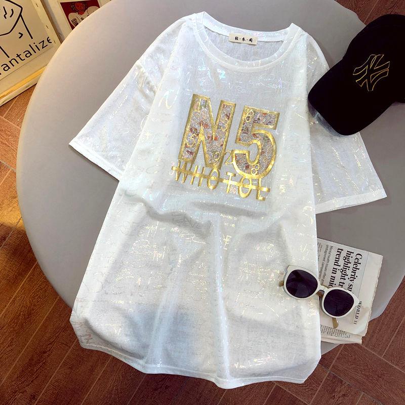 

Women's T-Shirt Harajuku Women Print Letter Oversize Tshirt Chic Fashion Woman Bling Shiny T Shirt Loose Female Casual Tops Streetwear Tees, Beige
