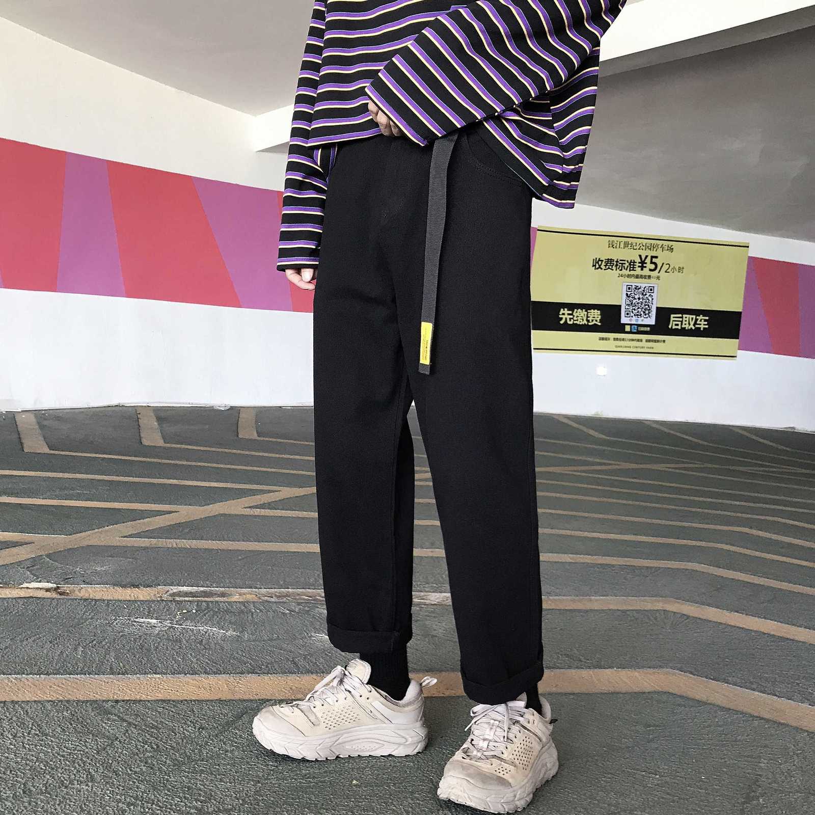 

2021 New Send Belt Men's Leisure Cotton Harem Casual Long Straight Pants Black/green/khaki Color High-quality Trousers S-2xl Noo6