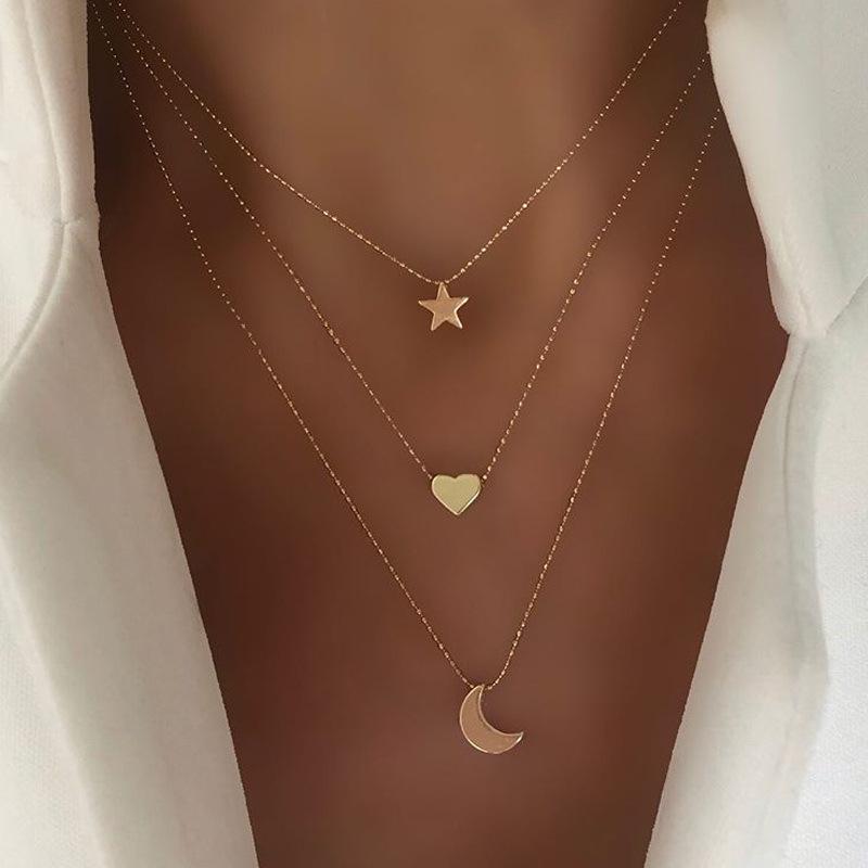 Chokers Vintage Multilayer Pendant Necklace For Women Bohemian Star Moon Love Layered Collar Jewelry Gift-image-709281541