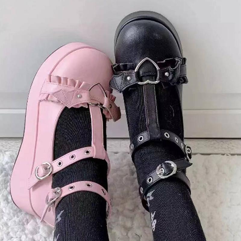 

Dress Shoes Woman Punk Gothic Cosplay Rimocy Sweet Heart Buckle Wedges Mary Janes Women Pink T-Strap Chunky Platform Lolita 43, Black