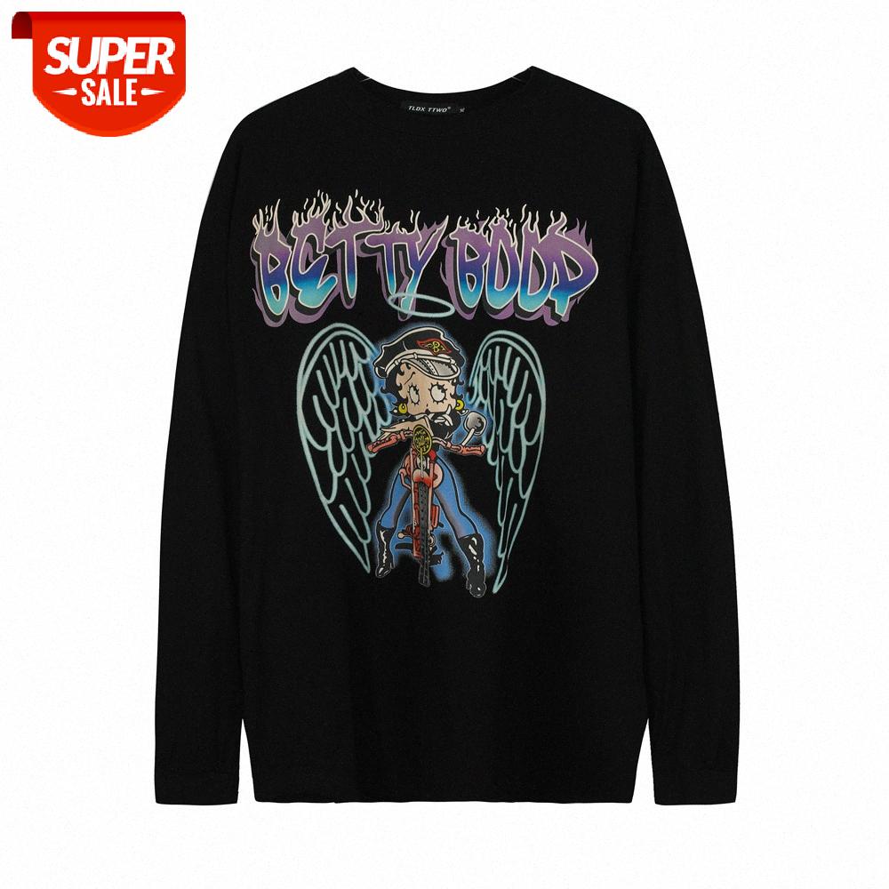 

Character printing long-sleeved T-shirt men's American loose round neck compassionate flow bottoming shirt top #KG8a, White;black
