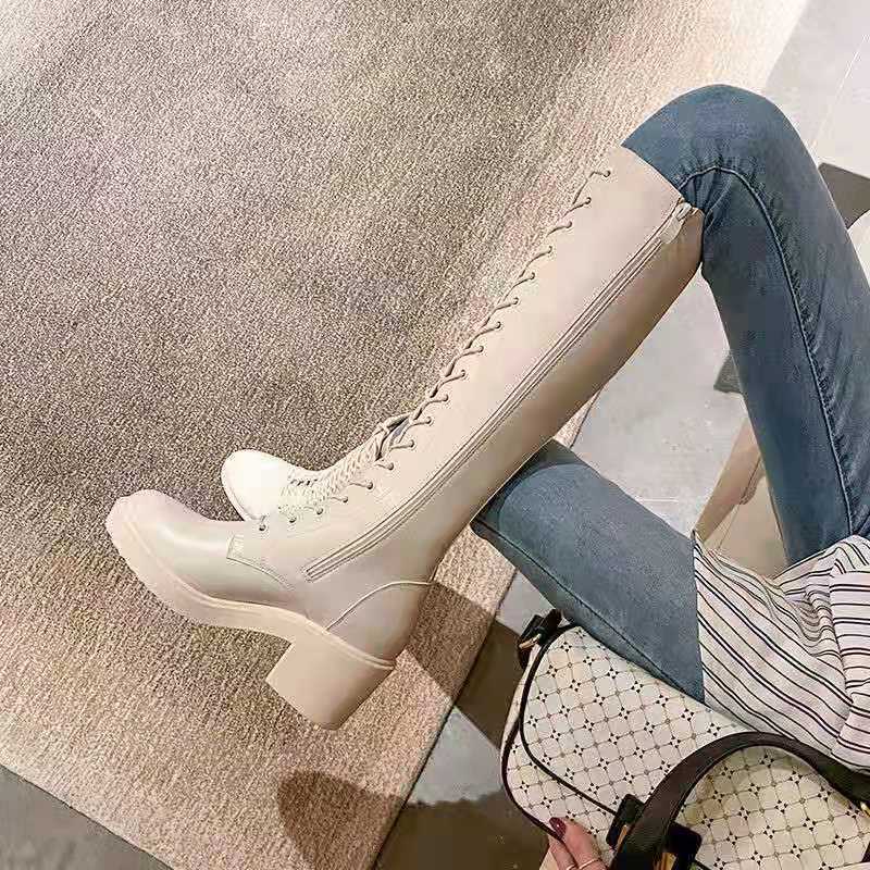 

New Women Boots Winter Designer British Style Boots Ladies Round Toe Knee Thick Low Heel Female Boots Woman Shoes, Beige