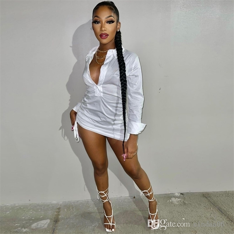 

Sexy Women Elegant Casual Shirt Dresses Drawstring Deep V-Neck Dress Jumpsuit Skirt New Fashion Designer Clothing, White