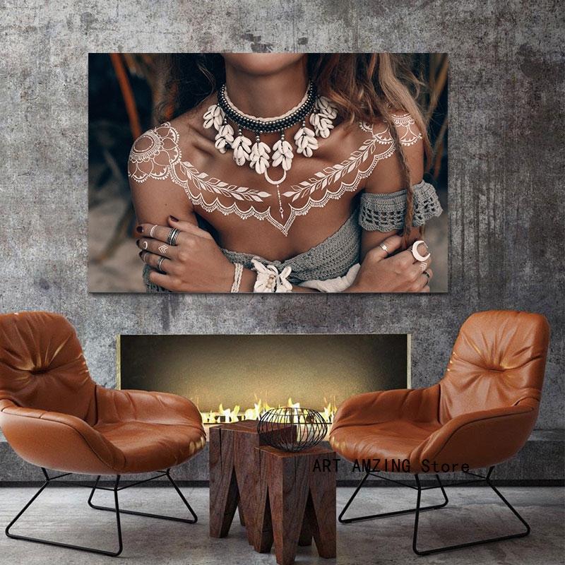 

Boho Girl Portrait Poster Canvas Painting American Feather Painting Modern Wall Art Pictures For Living Room Home Decor Cuadros