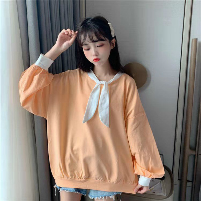 

2021 Korean Flashlight Female Autumn New Tops Harajuku Sweet Kawaii Style Bow Loose Hoodie Schoolgirl O08c, Orange.