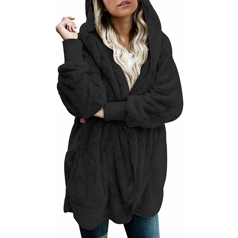 

Women's Fur & Faux Winter Womens Cardigan Coat Solid Fuzzy Fleece Open Front Hooded Jacket Coats Plush Outwear With Pockets, Black