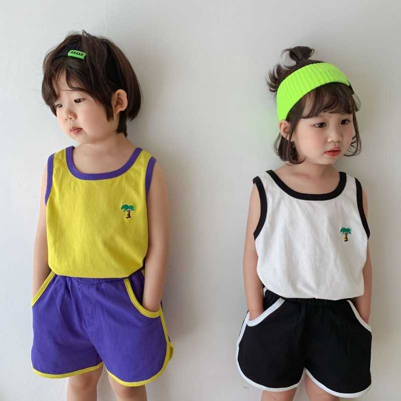 

Summer Korean style unisex kids clothes set cotton sleeveless loose vest and shorts 2pcs suit 210615, White