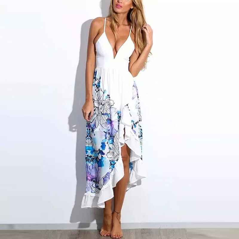 

sexy floral print dress women deep plunge V-neck sleeveless dress female ruffles long women beach dress vestidos, Black;gray