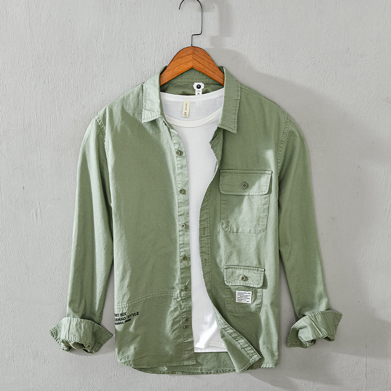 

2021 a Hundred% Spring Cotton Long Pocket Coveralls Shirts of the Men Green Mark Army Shirt for Casual Fashionable Chemise Men's Ktpd, Army green