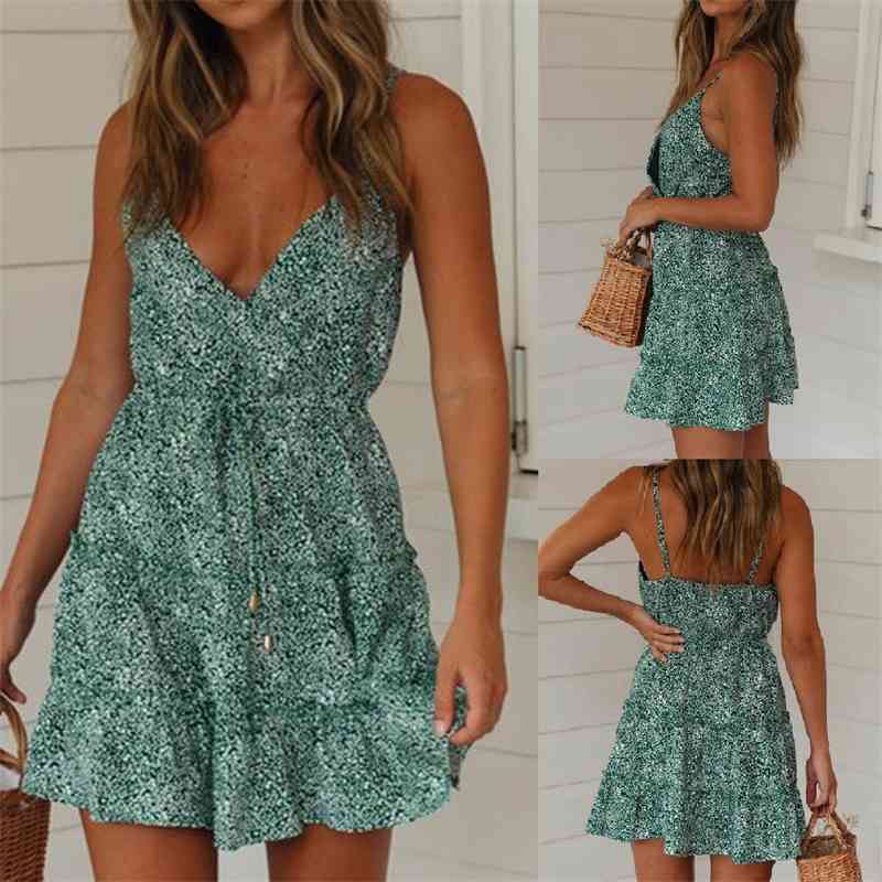 

2019 new drawstring print dress beach holiday skirt, Picture color
