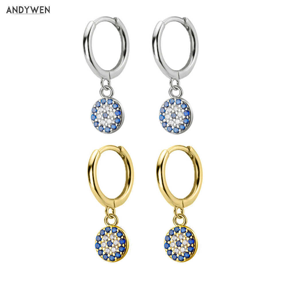 

ANDYWEN 925 Sterling Silver Round Luxury Gold Blue Eye Drop Earring High Quality CZ Zircon Evil Jewelry 210608