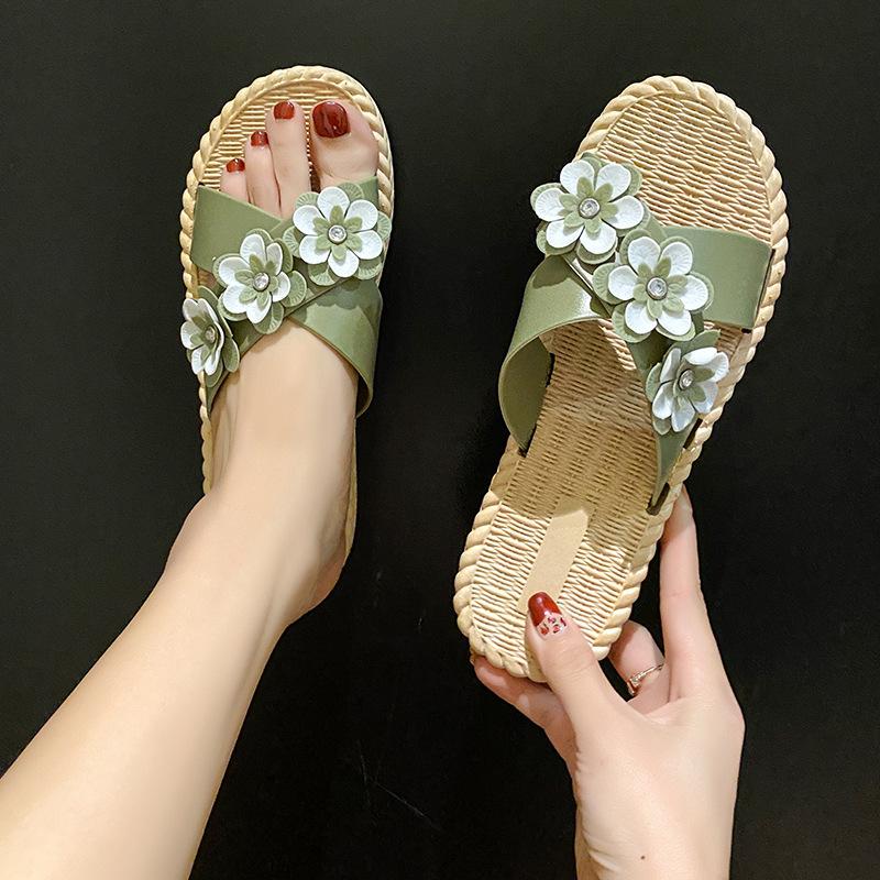 

Slippers South Korean For Women's Versatile Cross Flat Bottom Shoes East Flip Flop Fashion Net Red Bear, Cross flower apricot