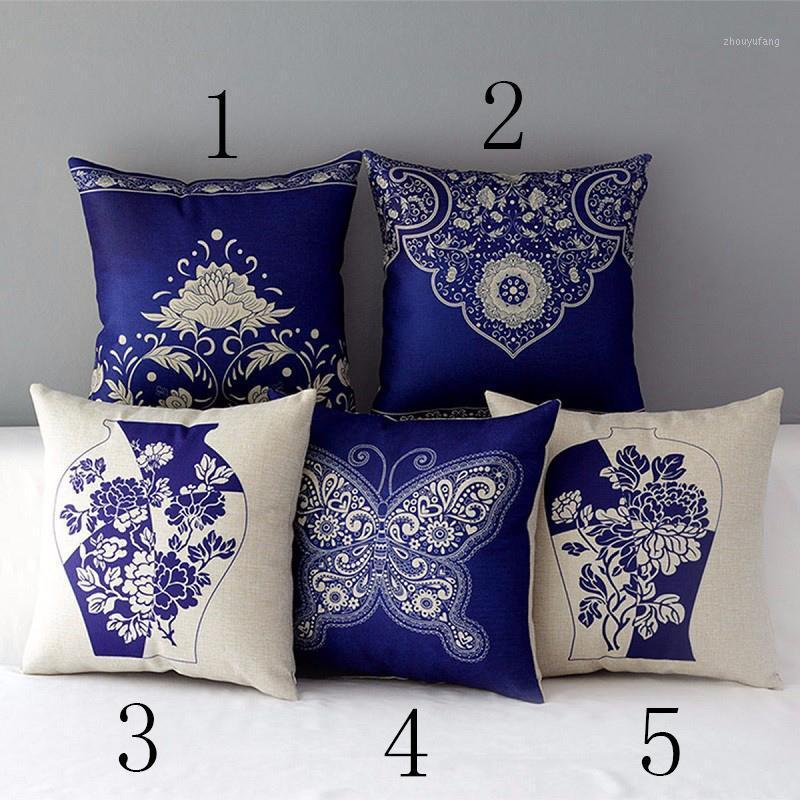 

Cushion/Decorative Pillow Oriental Floral Cushion Cover Blue White Chinese Style Throw Case Linen Cotton Decorative Flower Porcelain Pillows