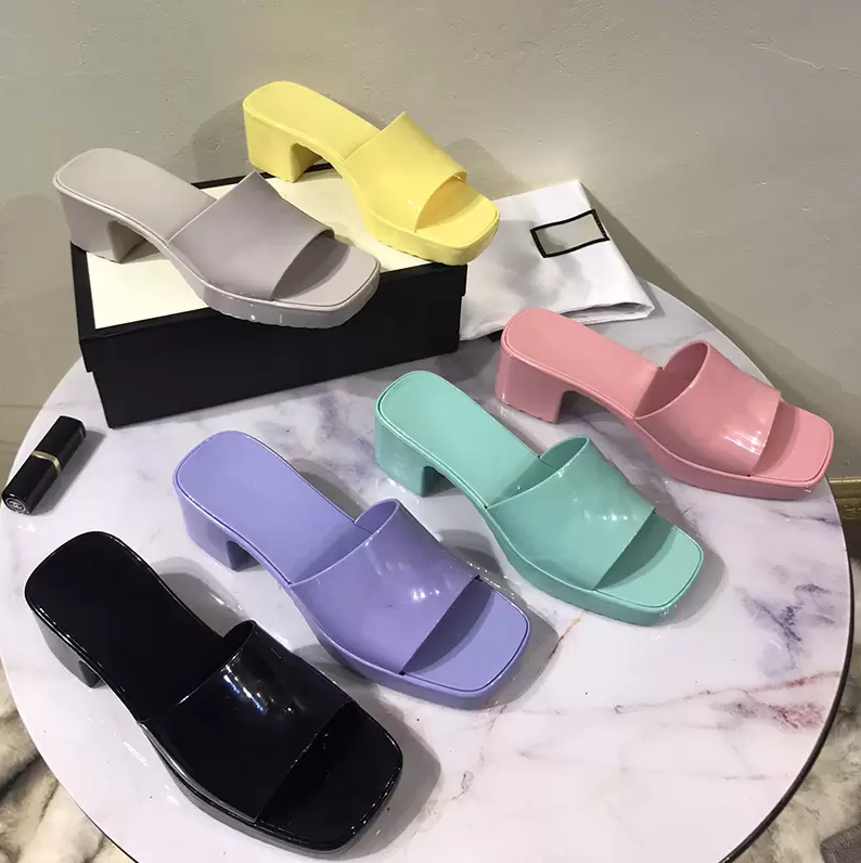

Women Slippers Thick Bottom Sandals Chunky Rubber Slides High Heels Sandals Jelly 5.5cm Platform SlipperPink Green Candy Colors Outdoor womens Beach Slide slider, Color3